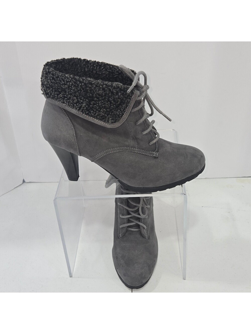 Whitemt Women 10M Gray Suede Faux Shearling Lace Up Heel Ankle Booties "Sallie"